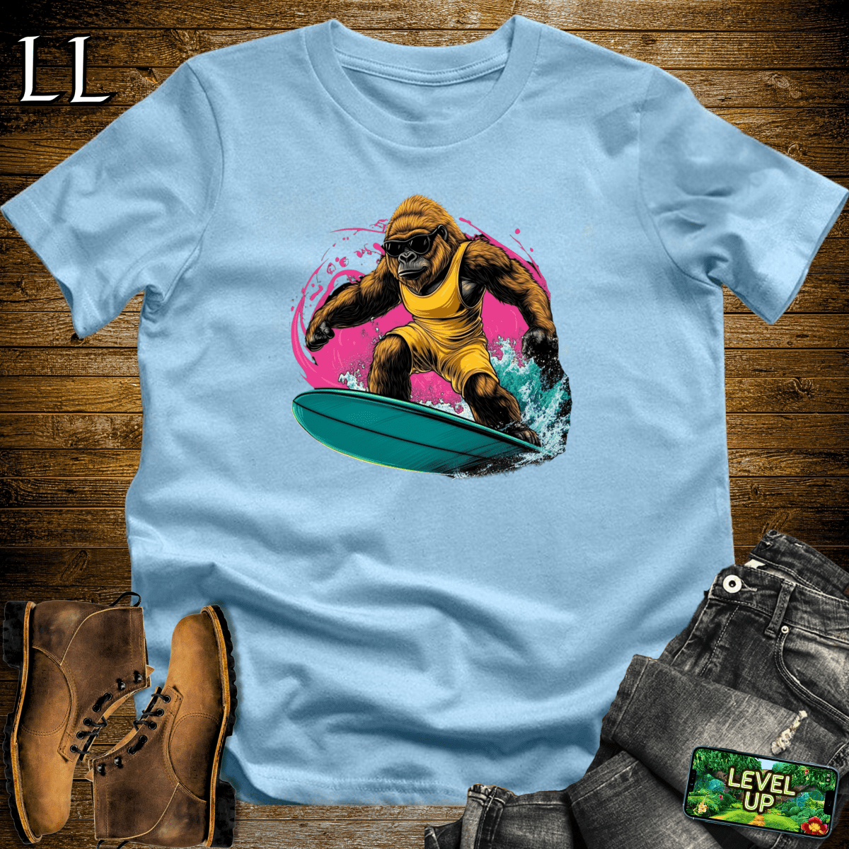 Surfing Gorilla Softstyle Tee Light Blue | Wave Rider Tee