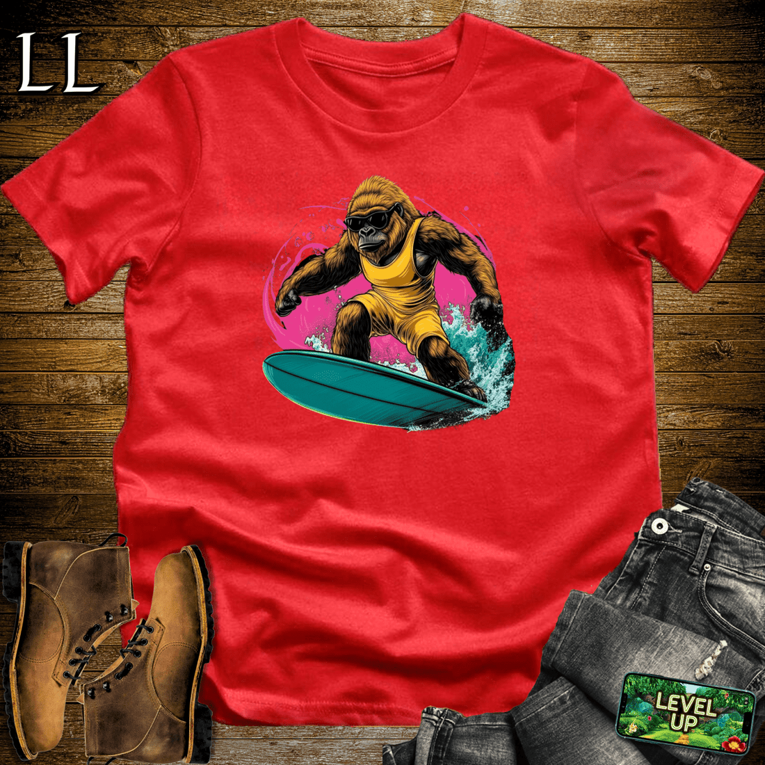 Surfing Gorilla Softstyle Tee Red | Wave Rider Tee