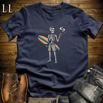 Surfing Skeleton Longboard Cigar T-Shirt Navy | Surf Cigar Halloween Tee