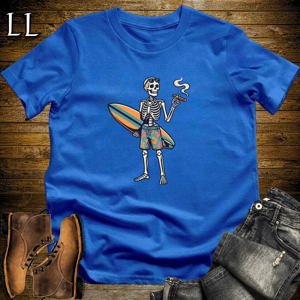 Surfing Skeleton Longboard Cigar T-Shirt Royal | Surf Cigar Halloween Tee