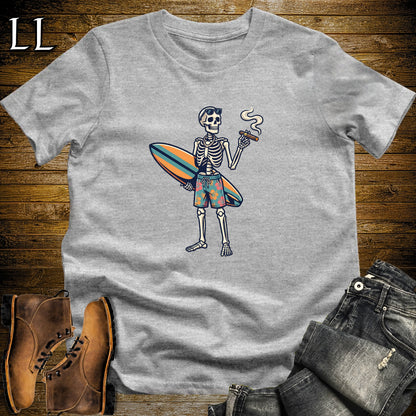 Surfing Skeleton Longboard Cigar T-Shirt Sport Grey | Surf Cigar Halloween Tee