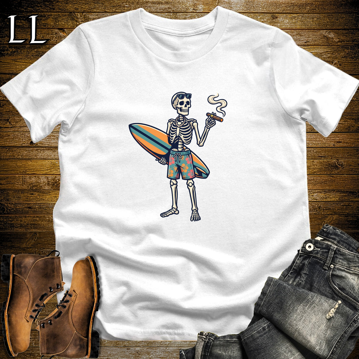 Surfing Skeleton Longboard Cigar T-Shirt White | Surf Cigar Halloween Tee