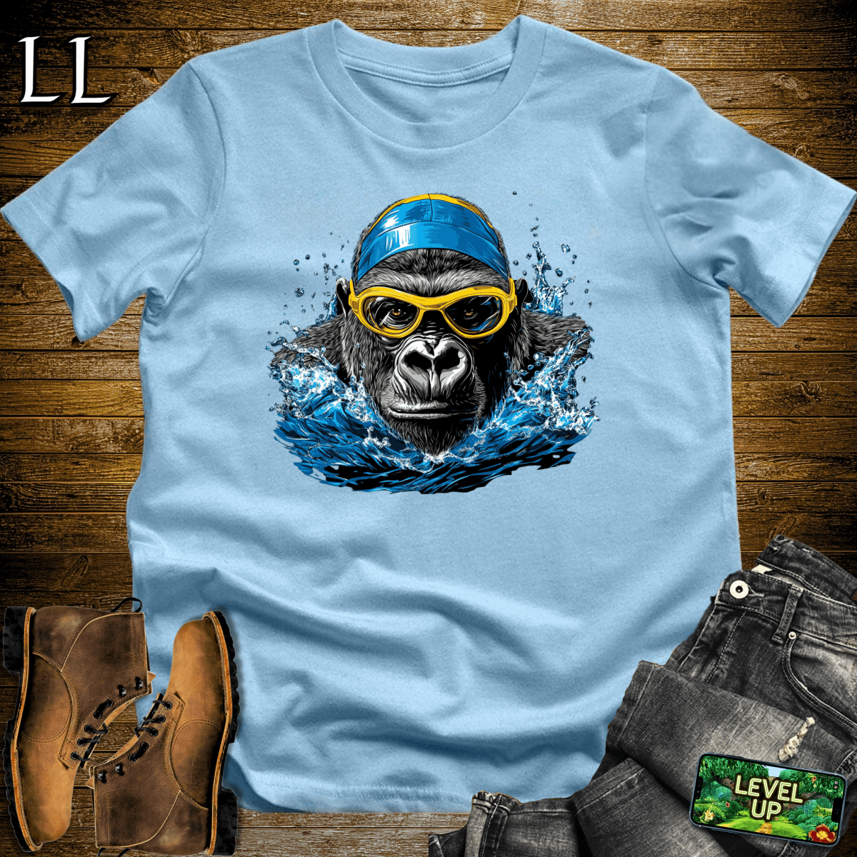 Swimming Gorilla Softstyle Tee Light Blue | Funny Gorilla Shirt