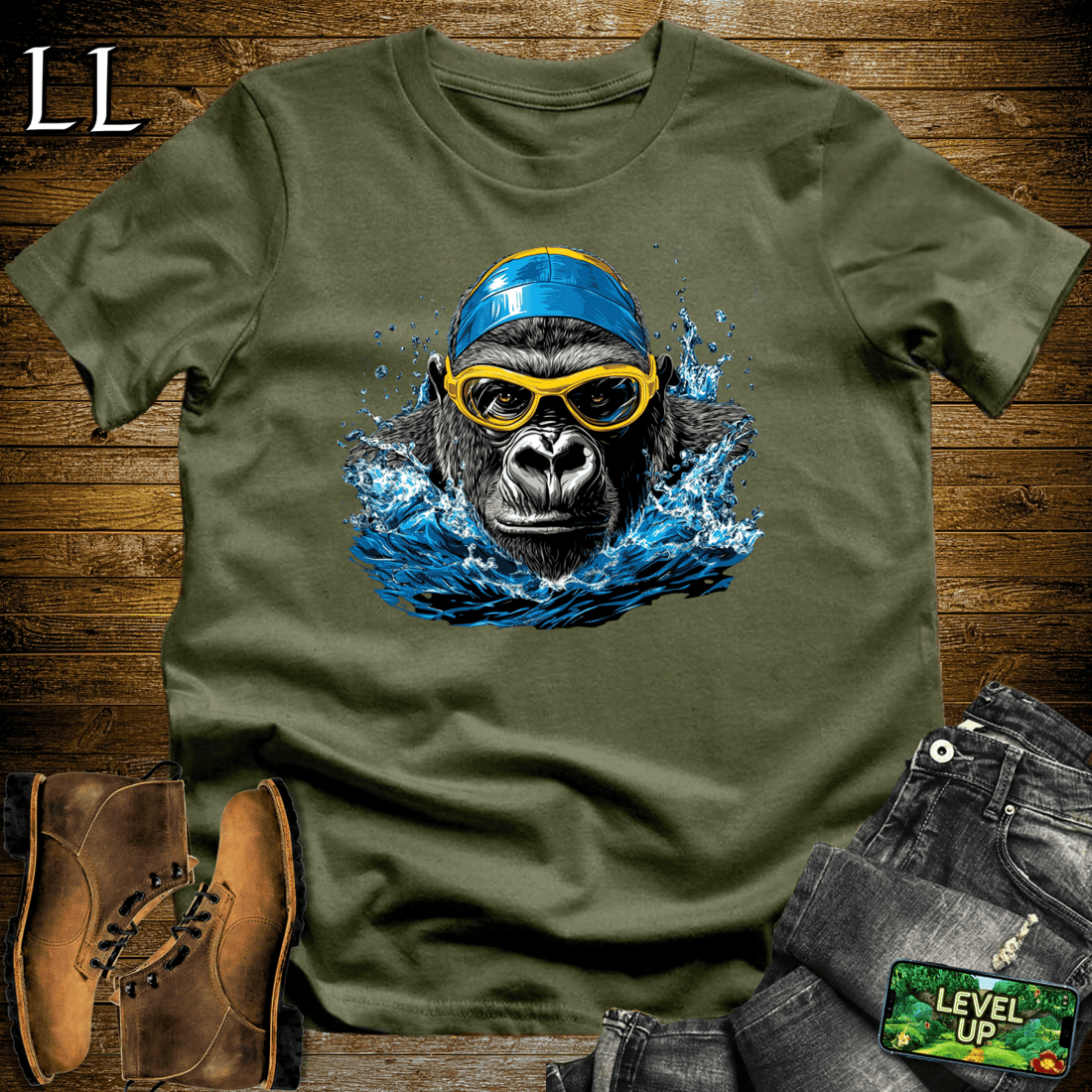 Swimming Gorilla Softstyle Tee Military Green | Funny Gorilla Shirt