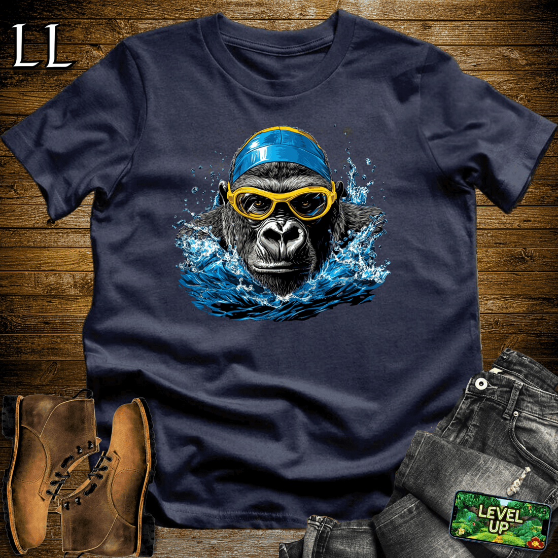 Swimming Gorilla Softstyle Tee Navy | Funny Gorilla Shirt