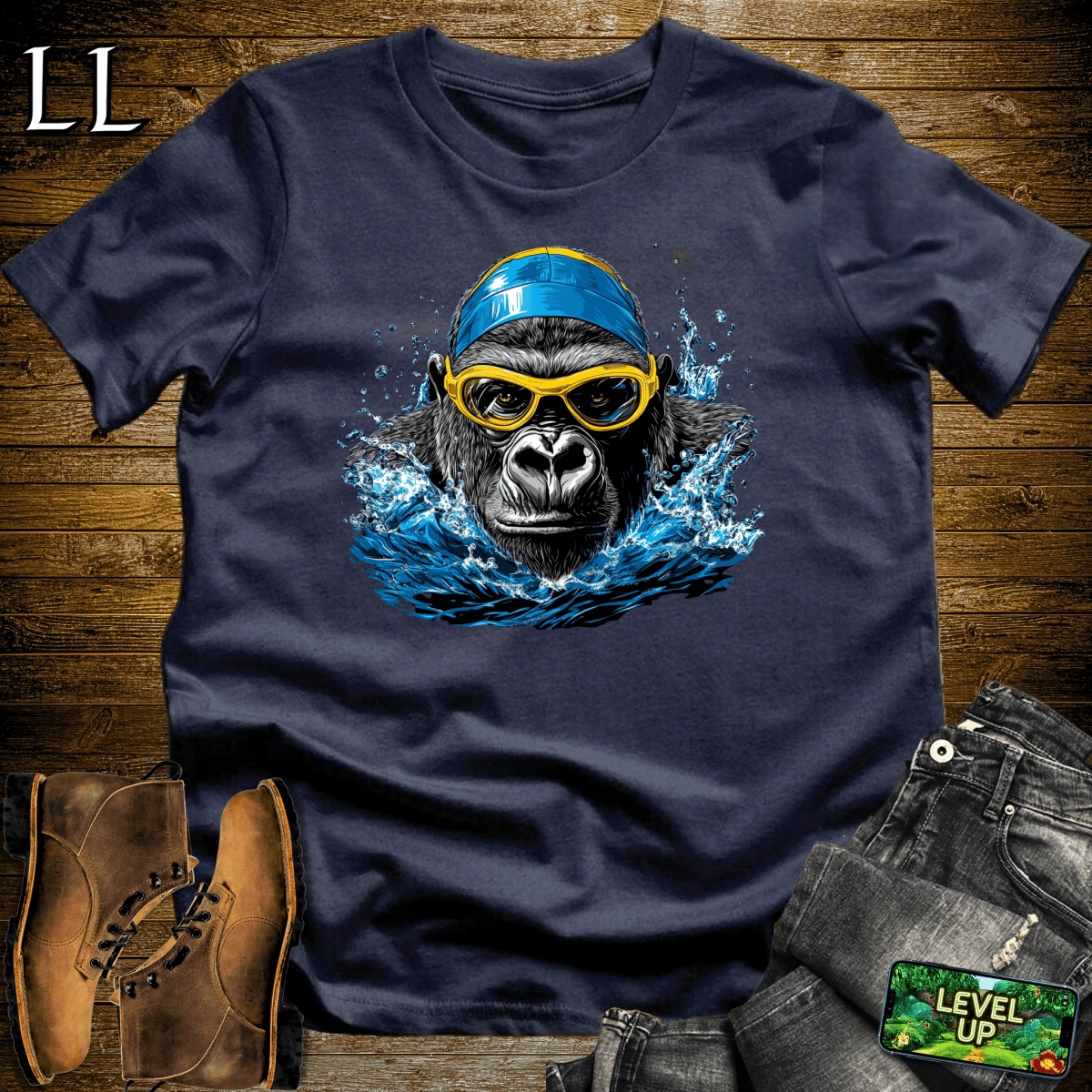 Swimming Gorilla Softstyle Tee Navy | Funny Gorilla Shirt