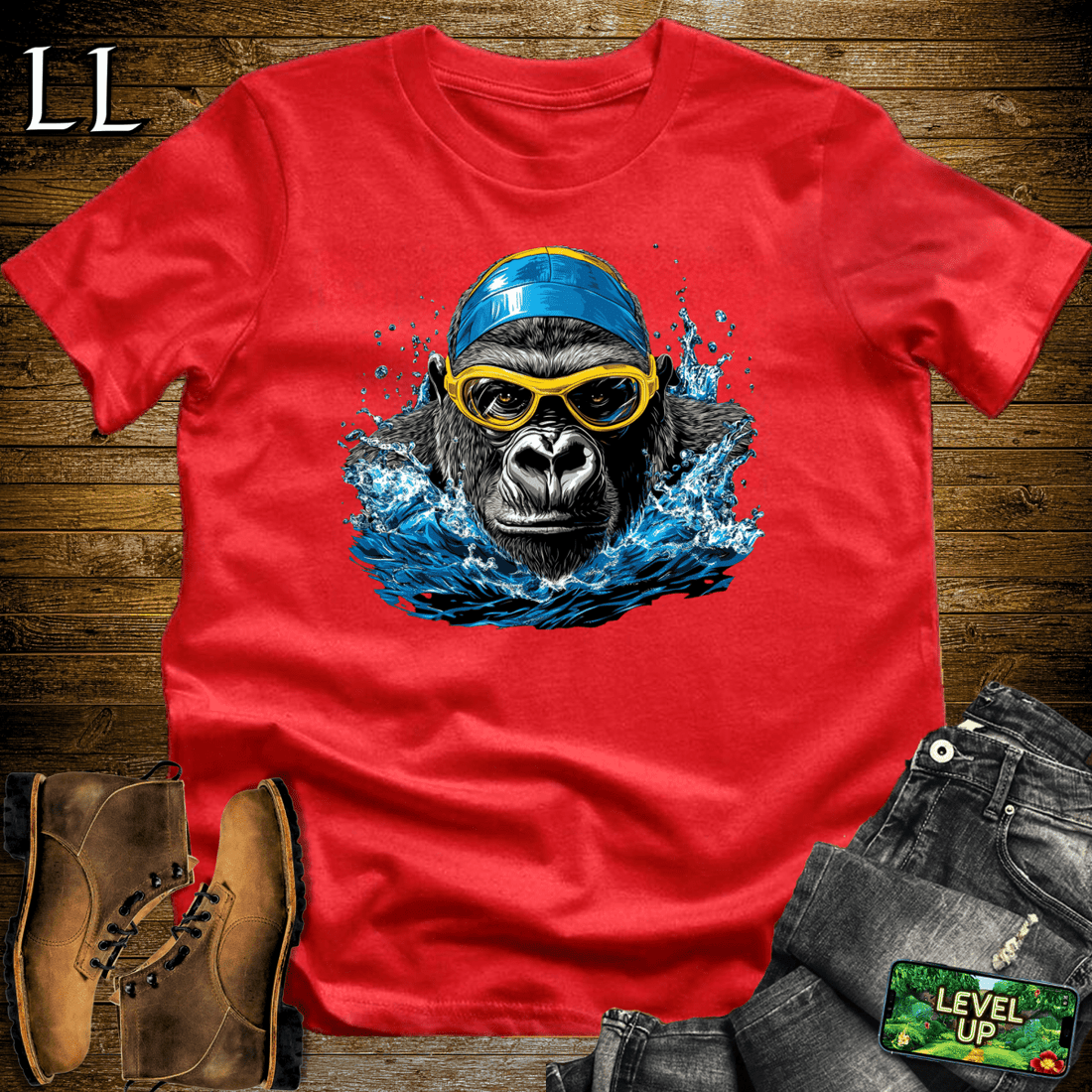 Swimming Gorilla Softstyle Tee Red | Funny Gorilla Shirt