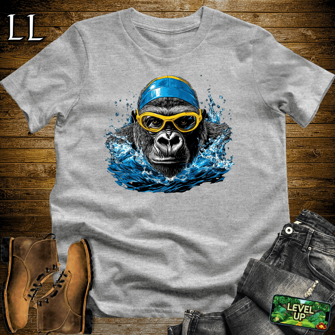 Swimming Gorilla Softstyle Tee Sport Grey | Funny Gorilla Shirt