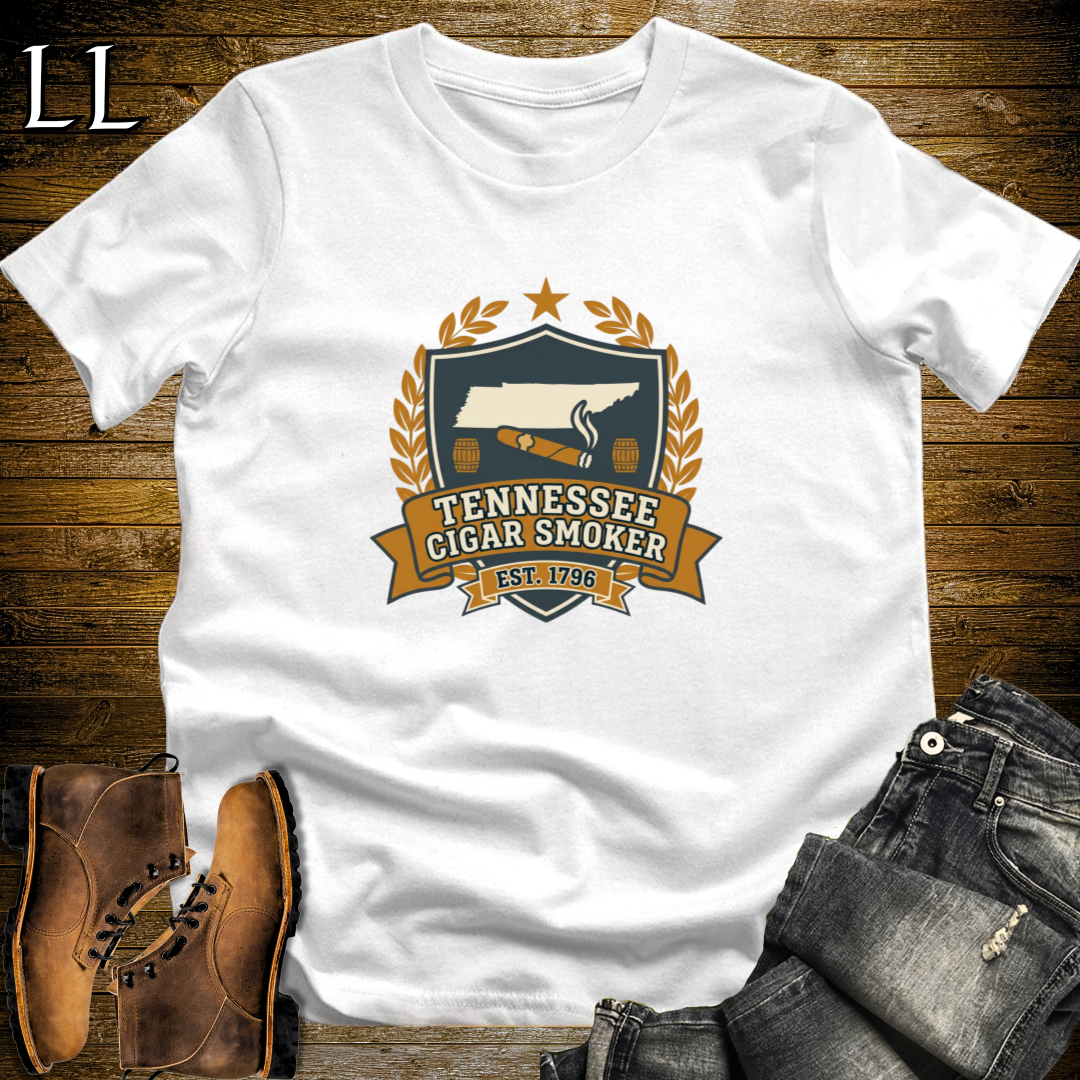 Tennessee Cigar Smoker Shield T-Shirt White | Tennessee Cigar Crest Gift Tee