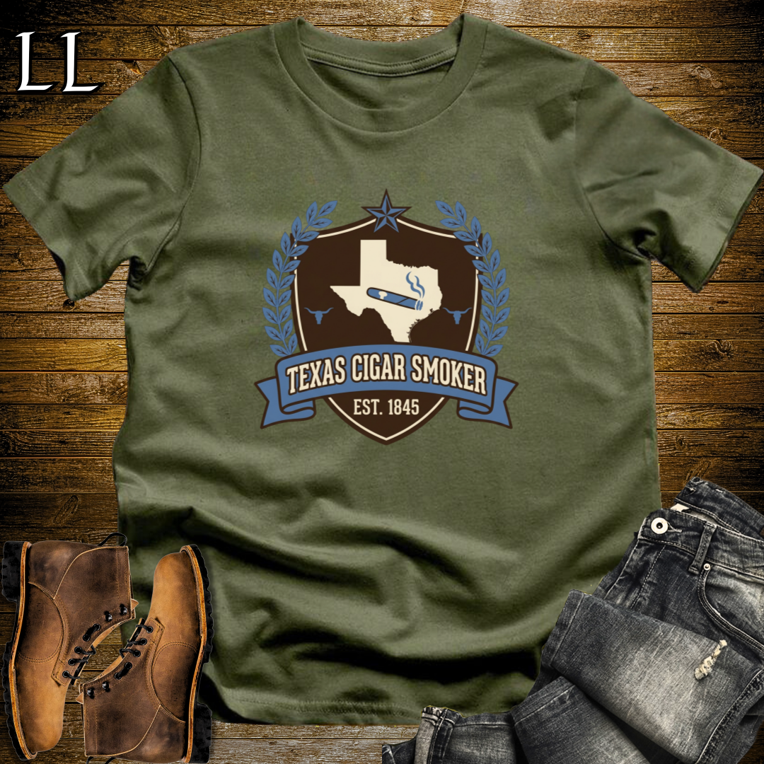 Texas Cigar Smoker Shield T-Shirt Military Green | Texas Cigar Crest Gift Tee
