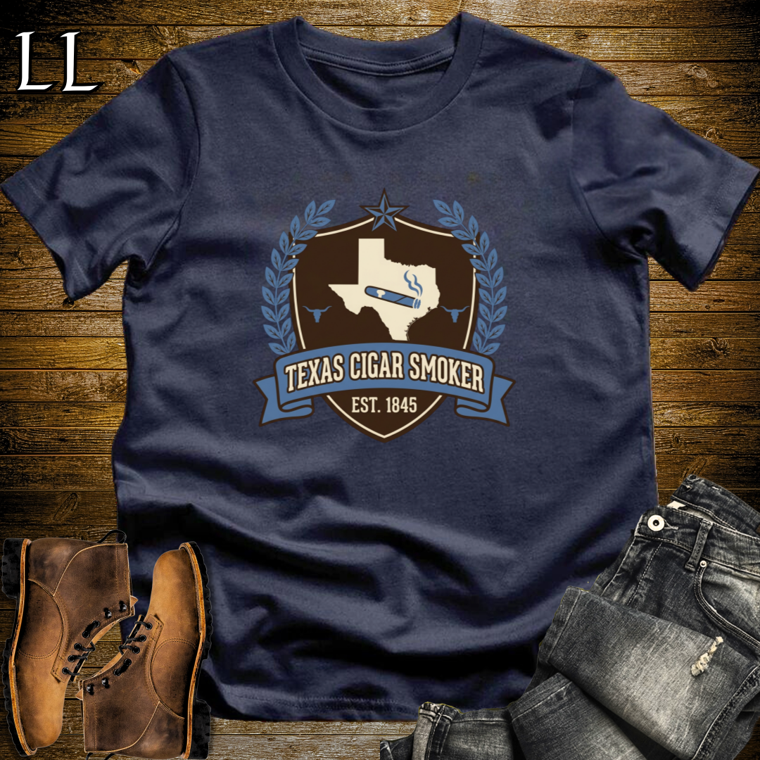 Texas Cigar Smoker Shield T-Shirt Navy | Texas Cigar Crest Gift Tee