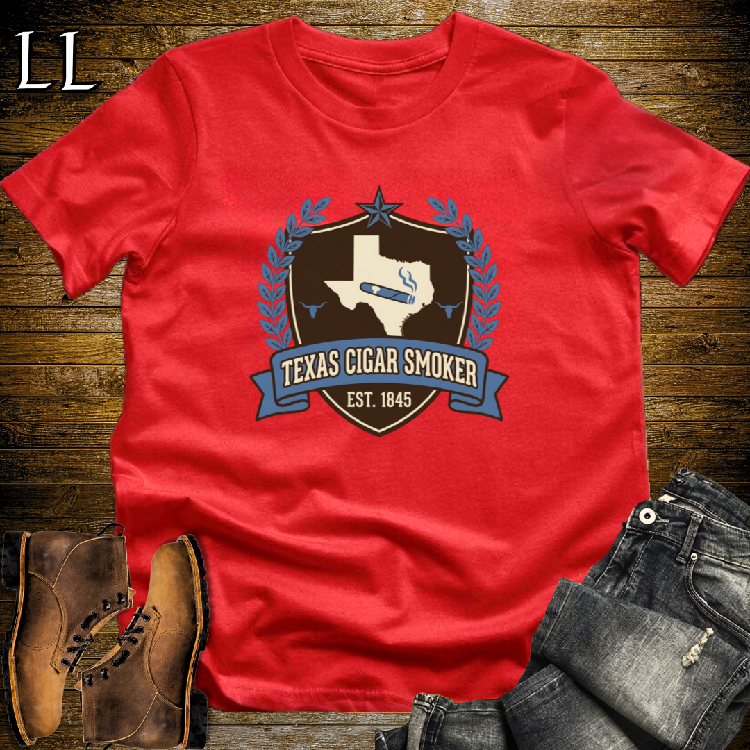 Texas Cigar Smoker Shield T-Shirt Red | Texas Cigar Crest Gift Tee