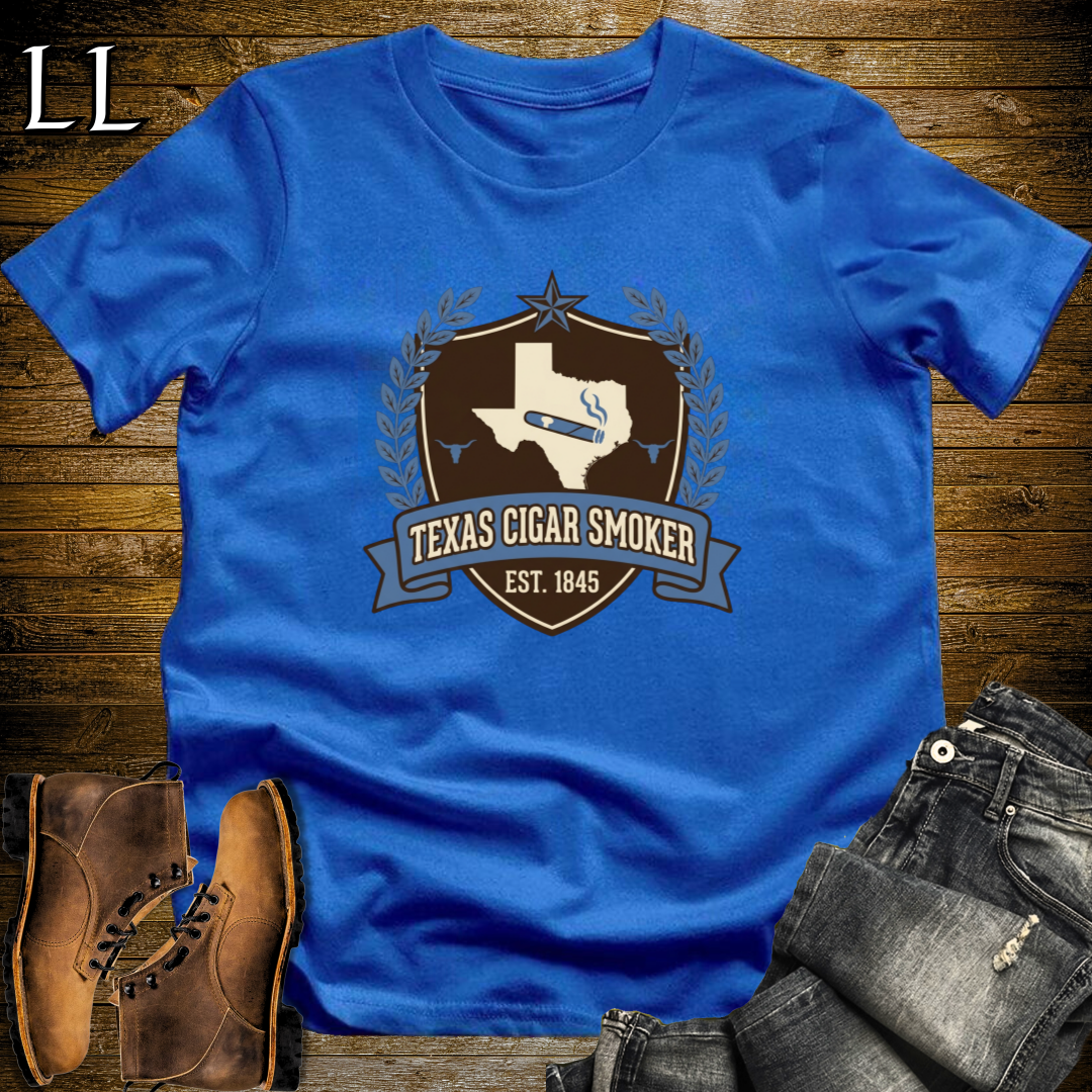 Texas Cigar Smoker Shield T-Shirt Royal Blue | Texas Cigar Crest Gift Tee