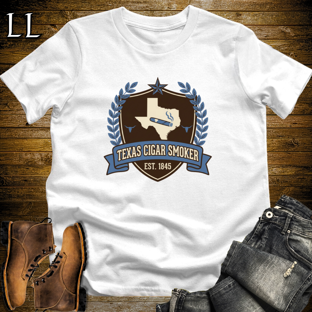 Texas Cigar Smoker Shield T-Shirt White | Texas Cigar Crest Gift Tee
