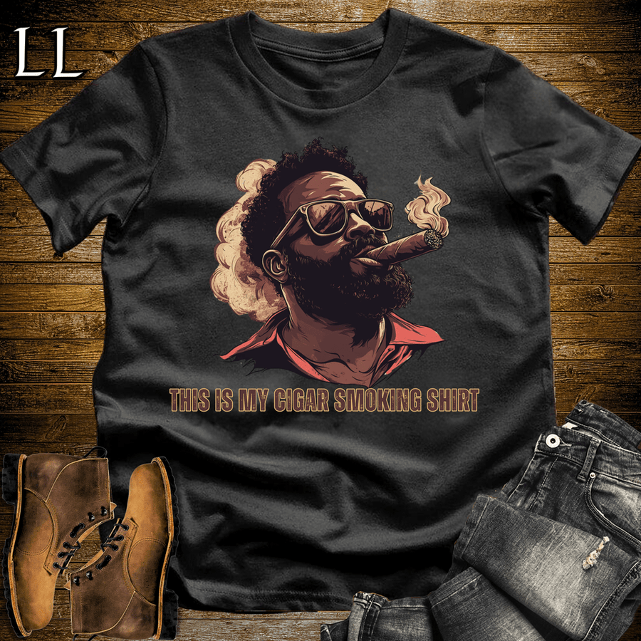 Black man in sunglasses smoking a cigar graphic tee in Black — The Cigar Smoking Shirt by Legacy Layers