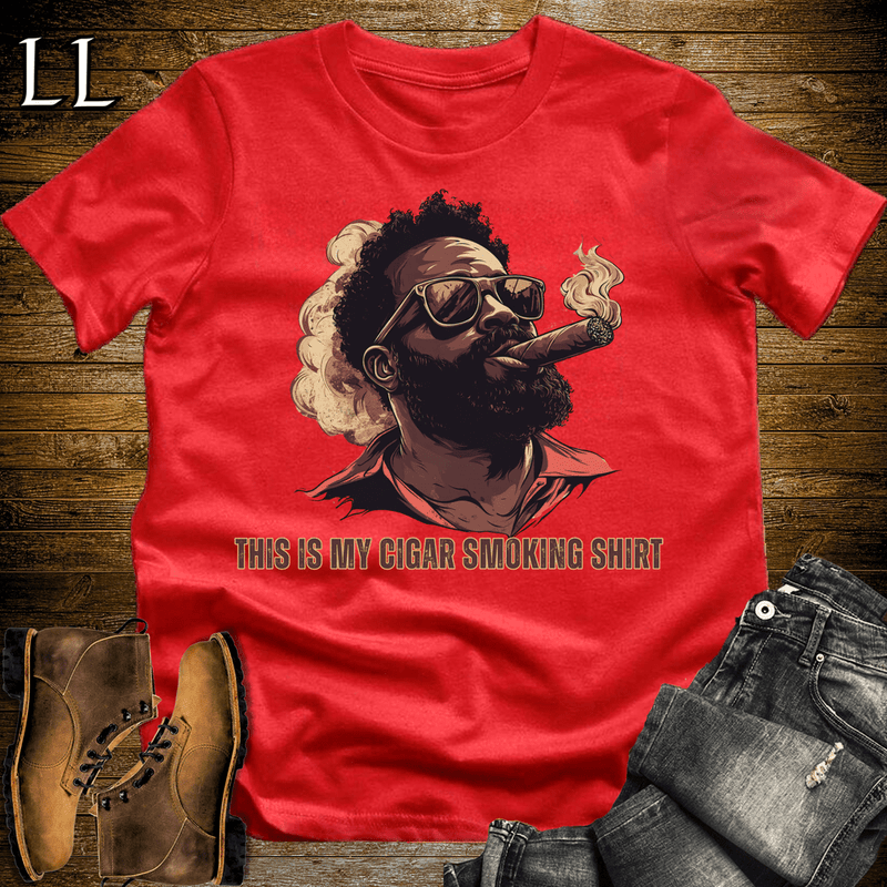Black man in sunglasses smoking a cigar graphic tee in Red — The Cigar Smoking Shirt by Legacy Layers