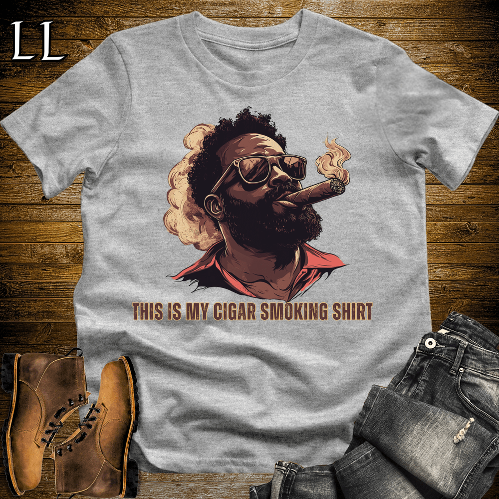 Black man in sunglasses smoking a cigar graphic tee in Sport Grey — The Cigar Smoking Shirt by Legacy Layers