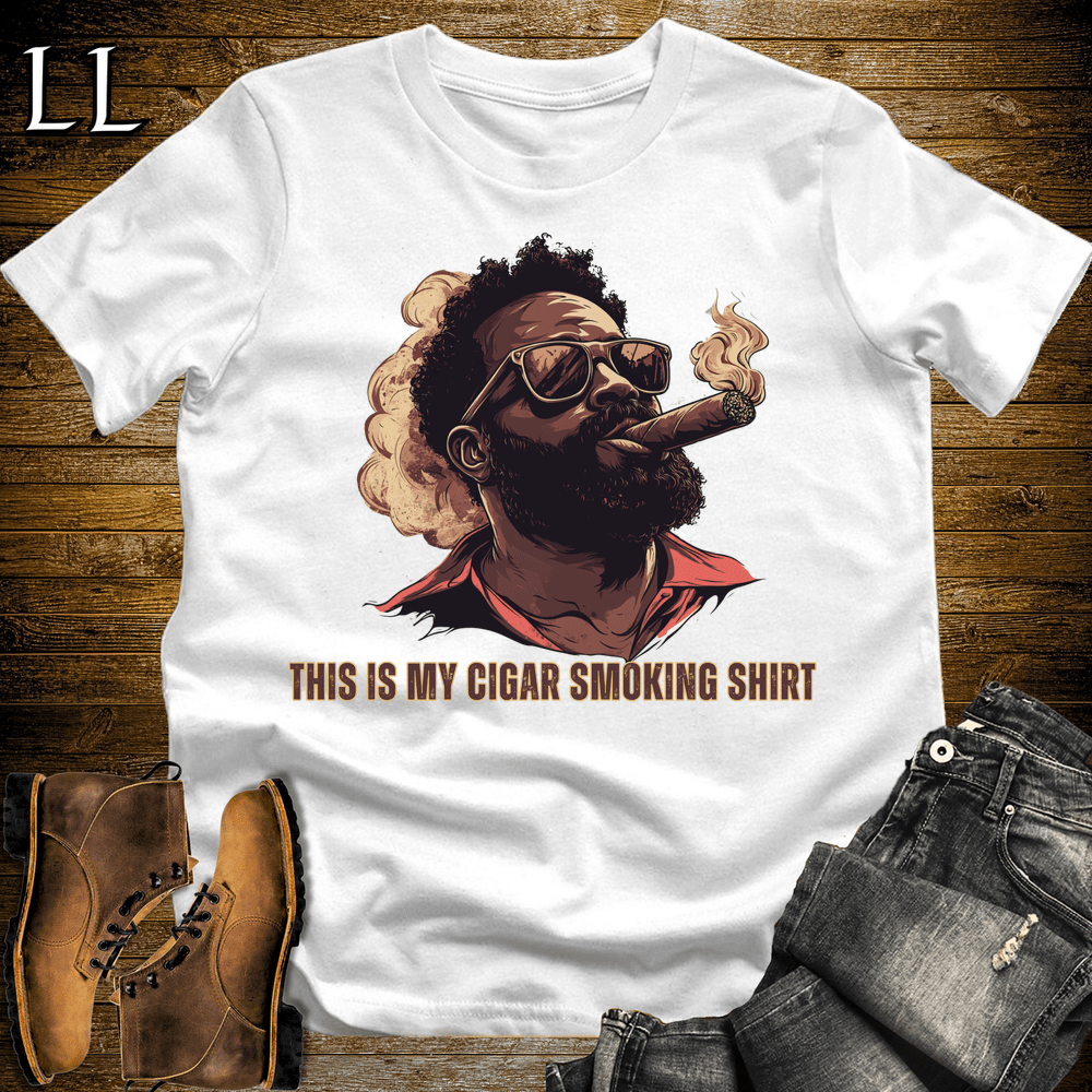 Black man in sunglasses smoking a cigar graphic tee in White — The Cigar Smoking Shirt by Legacy Layers