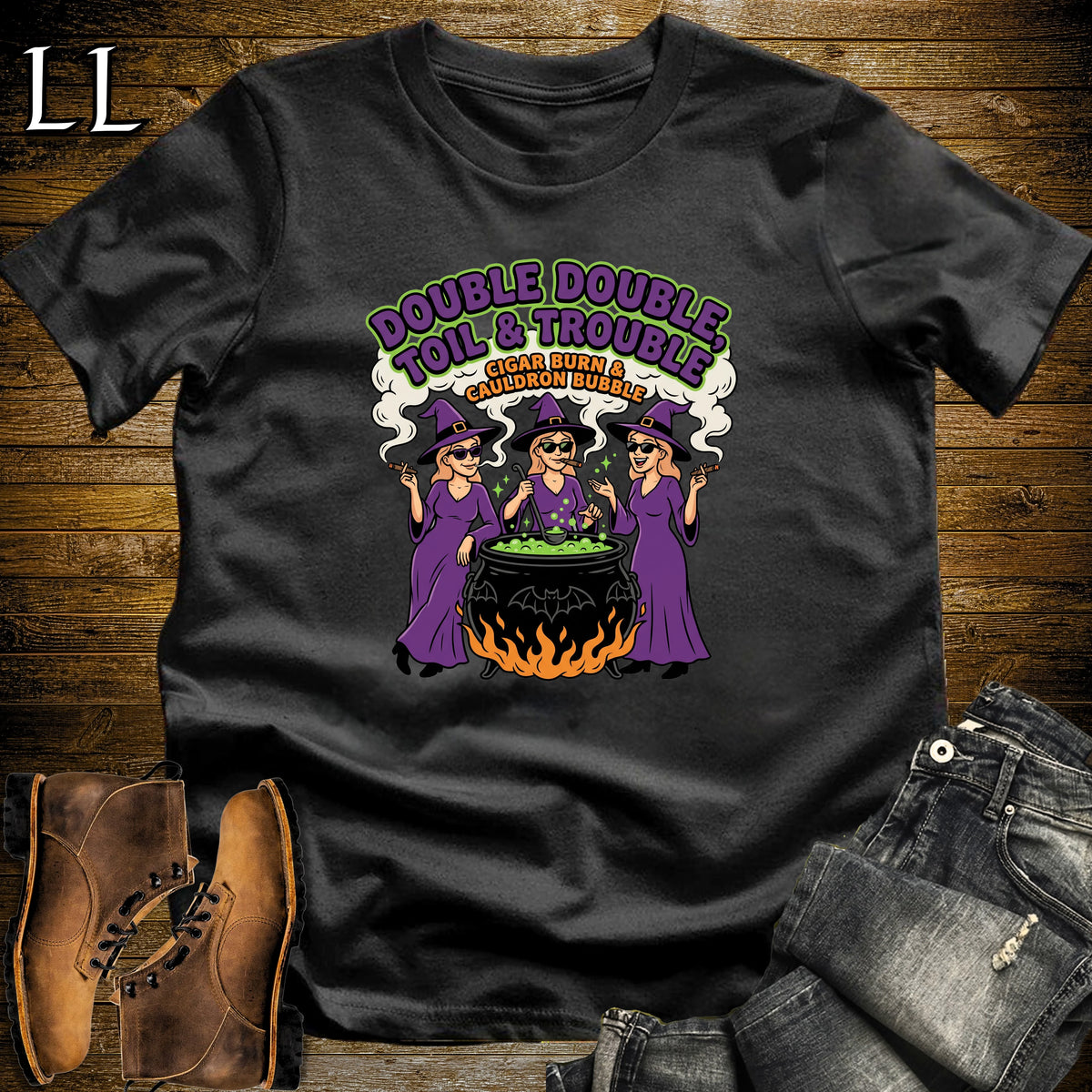 Toil & Trouble Three Witches Cauldron Cigar White Woman T-Shirt Black | Three Witches Cigar Tee