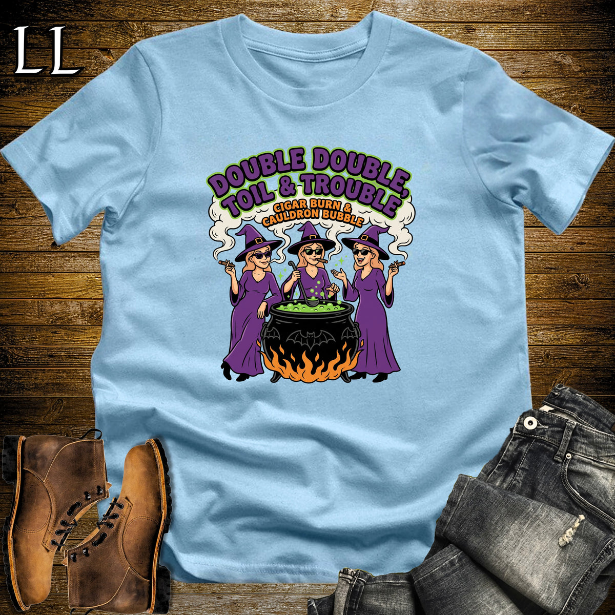 Toil & Trouble Three Witches Cauldron Cigar White Woman T-Shirt Light Blue | Three Witches Cigar Tee