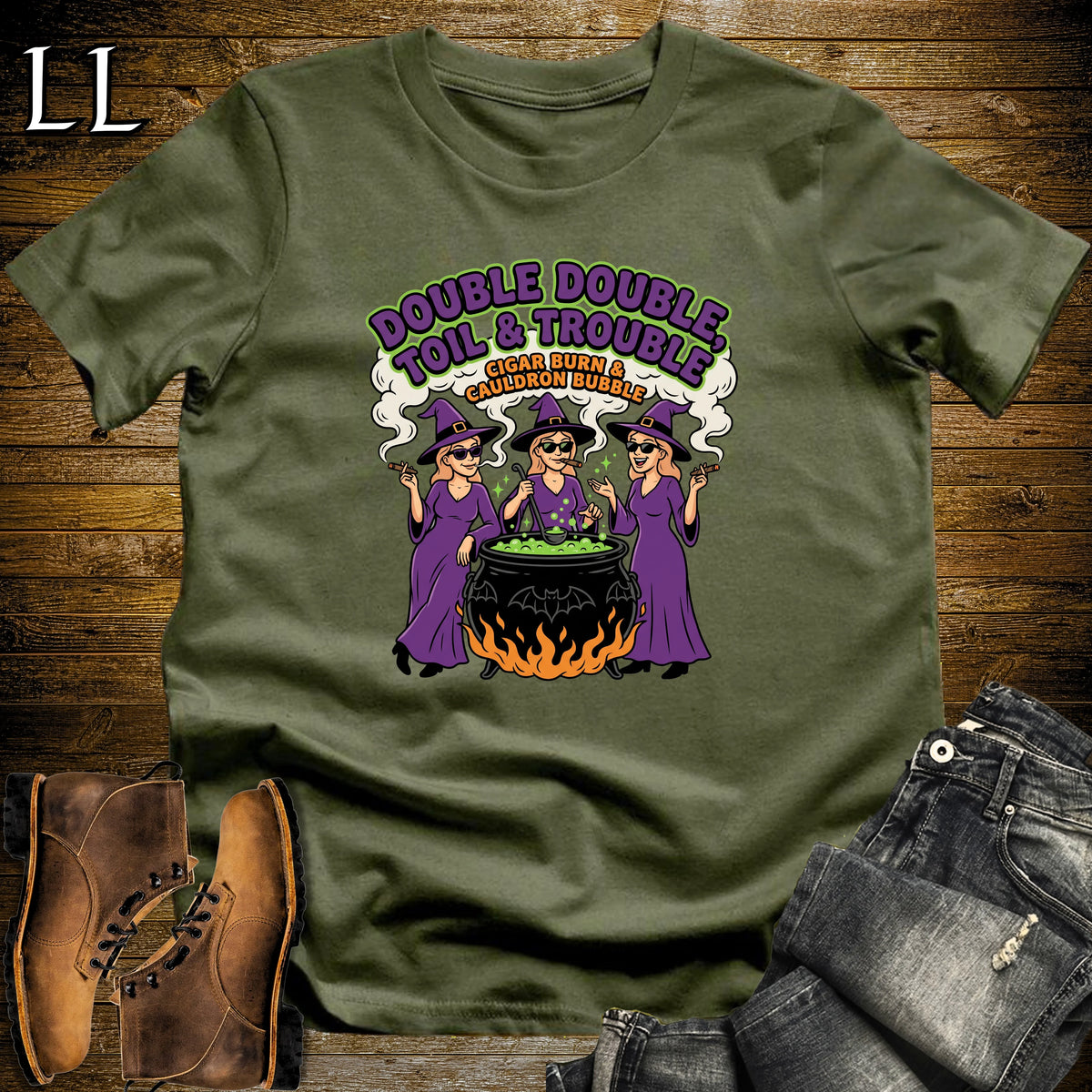 Toil & Trouble Three Witches Cauldron Cigar White Woman T-Shirt Military Green | Three Witches Cigar Tee