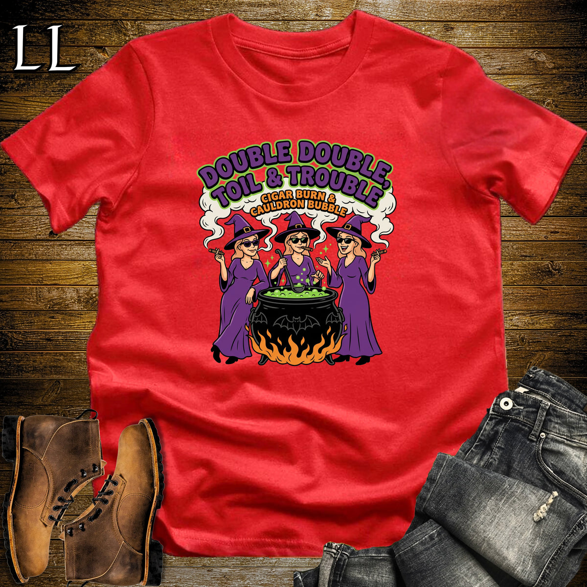 Toil & Trouble Three Witches Cauldron Cigar White Woman T-Shirt Red | Three Witches Cigar Tee