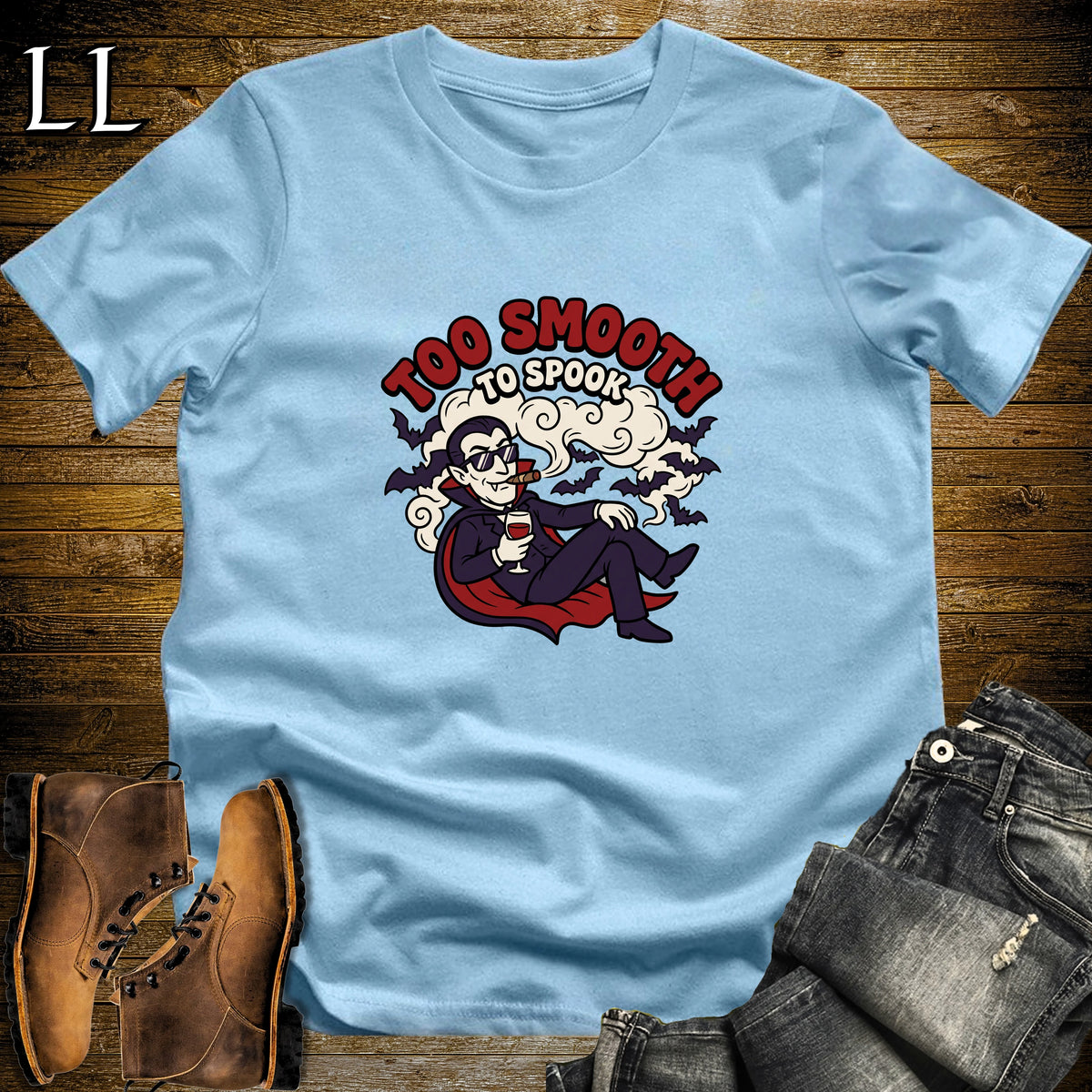 Too Smooth to Spook Vampire Bats Cigar T-Shirt Light Blue | Vampire Bats Cigar Tee