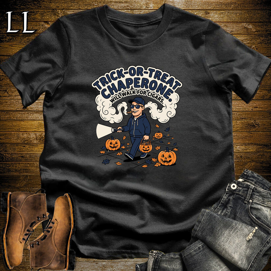 Trick-or-Treat Chaperone Flashlight Cigar White Man T-Shirt Black | Halloween Chaperone Cigar Tee