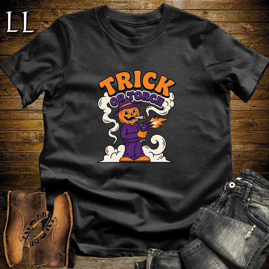 Trick or Torch Pumpkin Head Torch Lighter Cigar T-Shirt Black | Funny Halloween Cigar Shirt