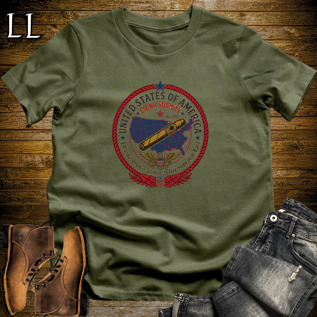 United States of America Cigar Society T-Shirt Military Green | Cigar Crest Gift Tee