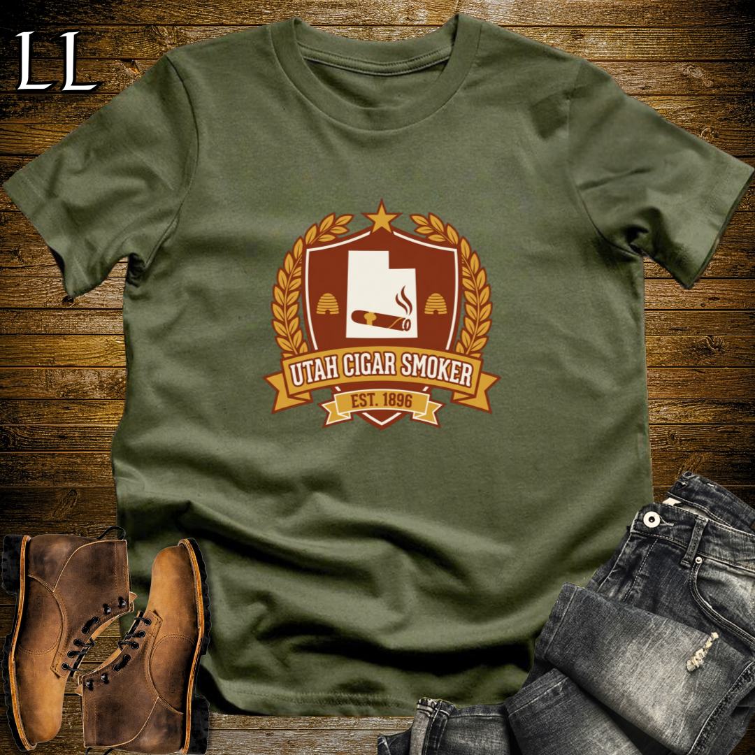 Utah Cigar Smoker Shield T-Shirt Military Green | Utah Cigar Crest Gift Tee