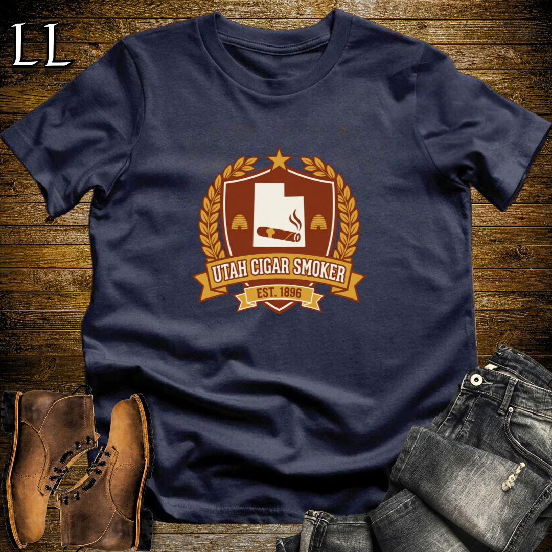 Utah Cigar Smoker Shield T-Shirt Navy | Utah Cigar Crest Gift Tee