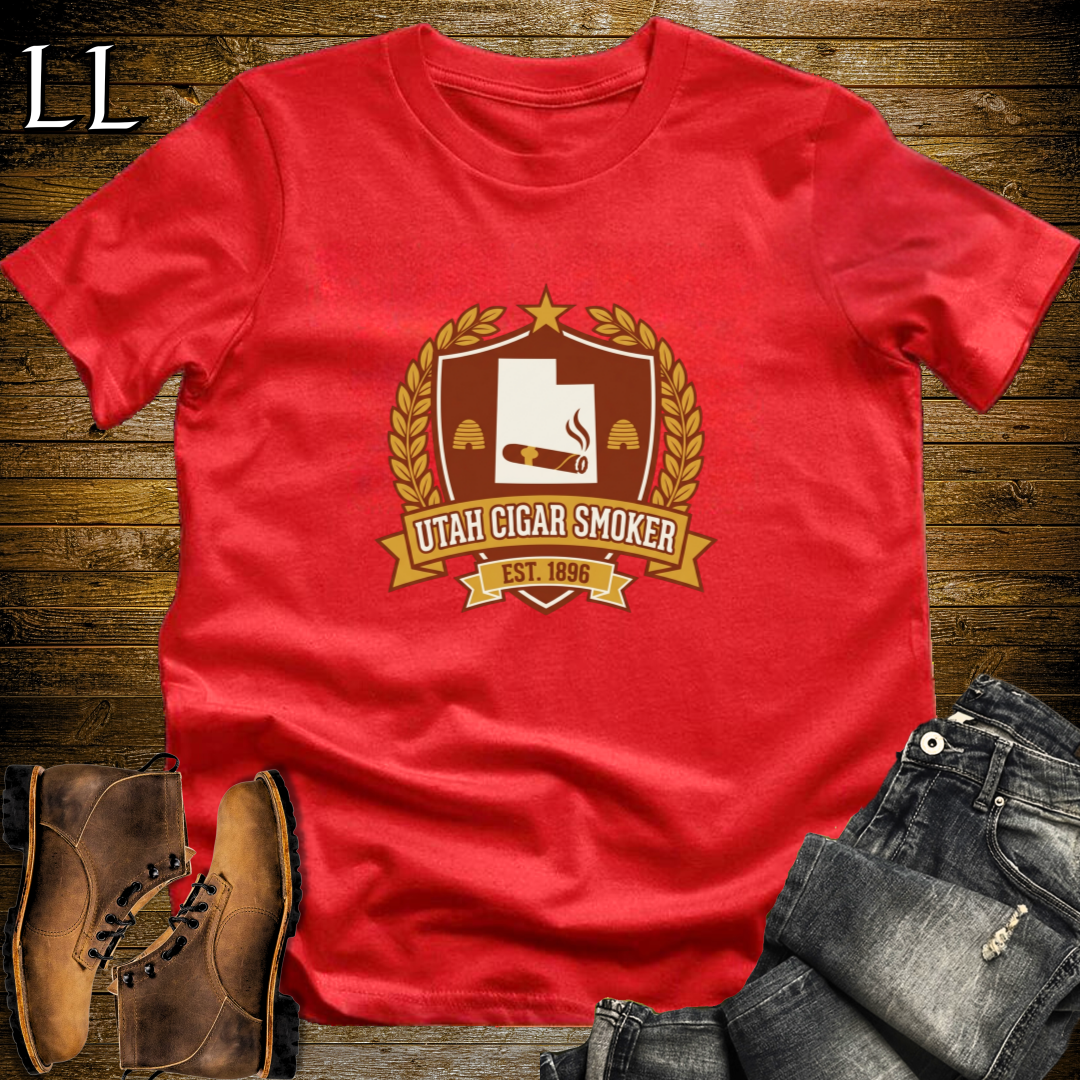Utah Cigar Smoker Shield T-Shirt Red | Utah Cigar Crest Gift Tee
