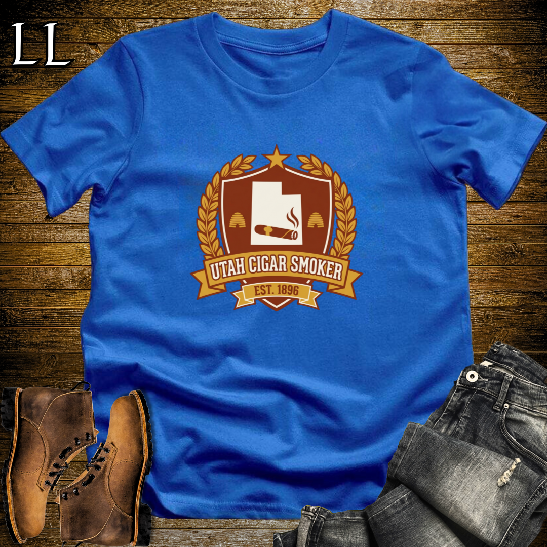 Utah Cigar Smoker Shield T-Shirt Royal Blue | Utah Cigar Crest Gift Tee
