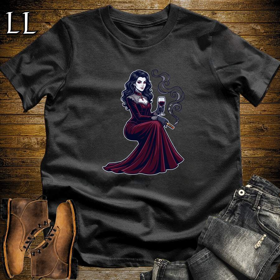 Vampire Countess Wine & Cigar T-Shirt Black | Wine and Cigar Halloween Tee