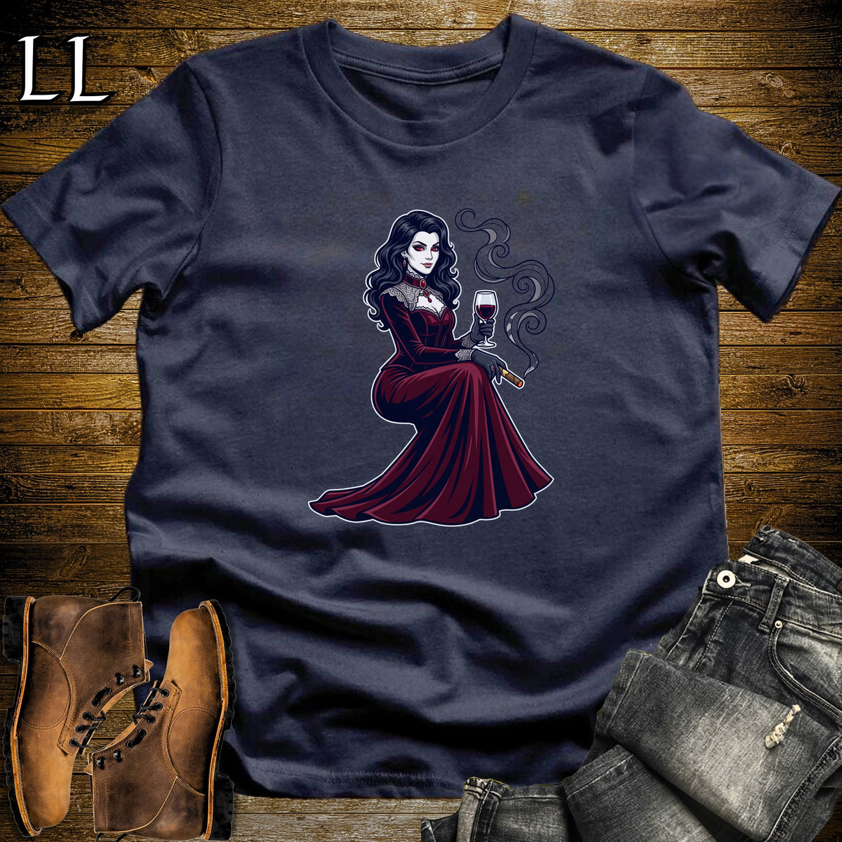 Vampire Countess Wine & Cigar T-Shirt Navy | Wine and Cigar Halloween Tee