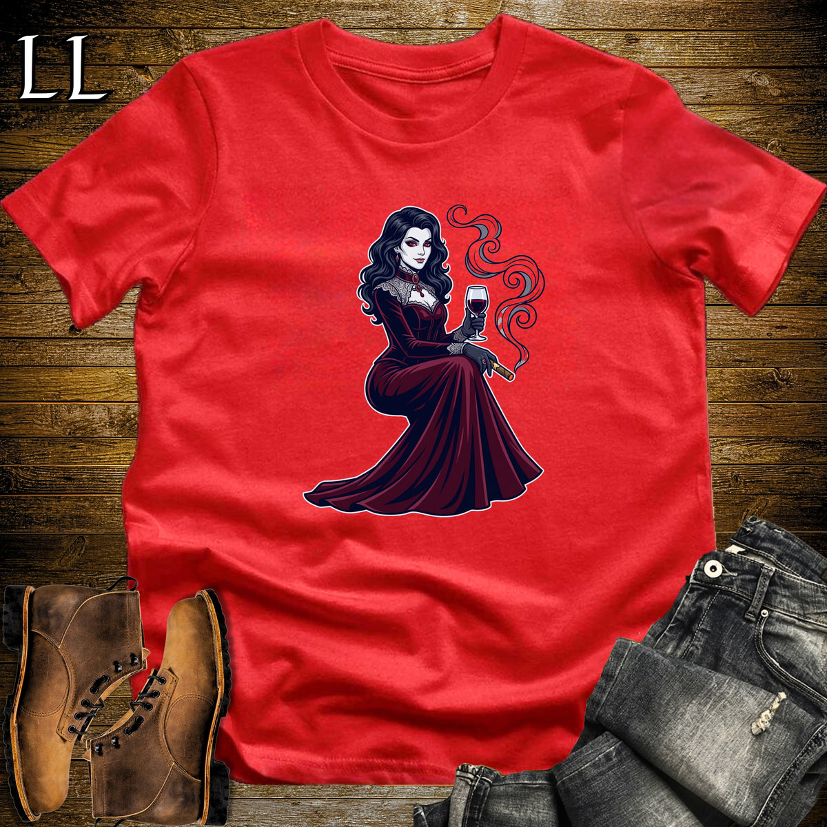 Vampire Countess Wine & Cigar T-Shirt Red | Wine and Cigar Halloween Tee