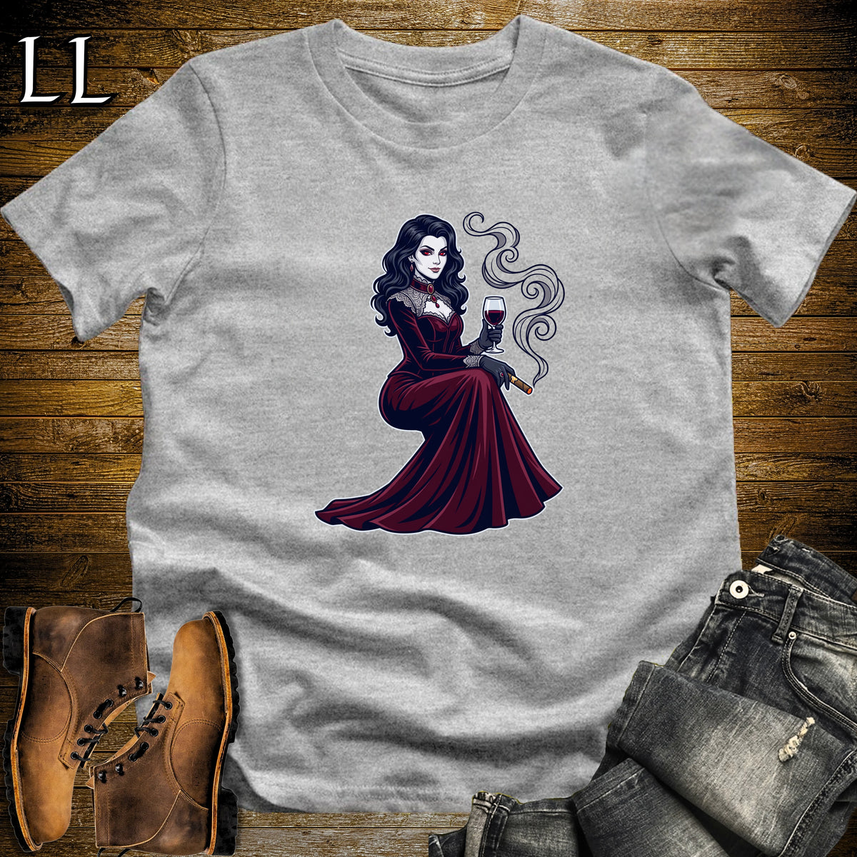 Vampire Countess Wine & Cigar T-Shirt Sport Grey | Wine and Cigar Halloween Tee