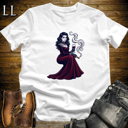 Vampire Countess Wine & Cigar T-Shirt White | Wine and Cigar Halloween Tee