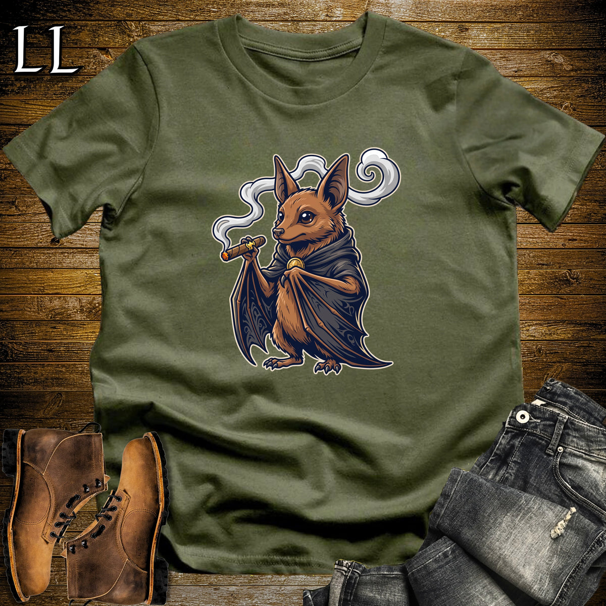Vampire Fruit Bat Cigar T-Shirt Military Green | Vampire Bat Cigar Halloween Tee