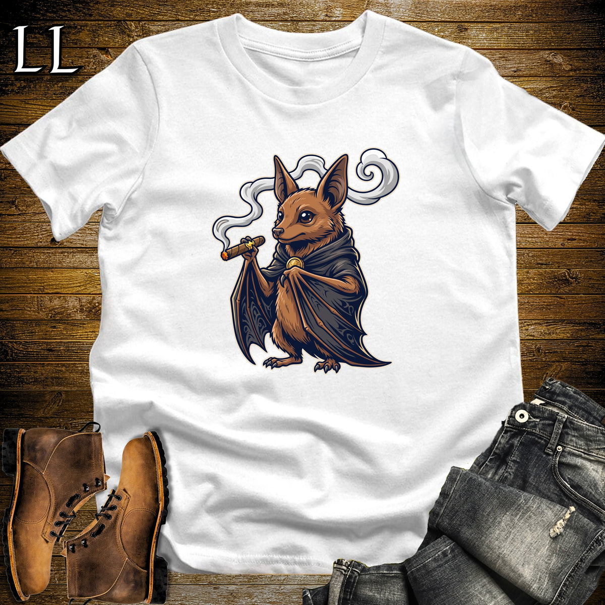 Vampire Fruit Bat Cigar T-Shirt White | Vampire Bat Cigar Halloween Tee