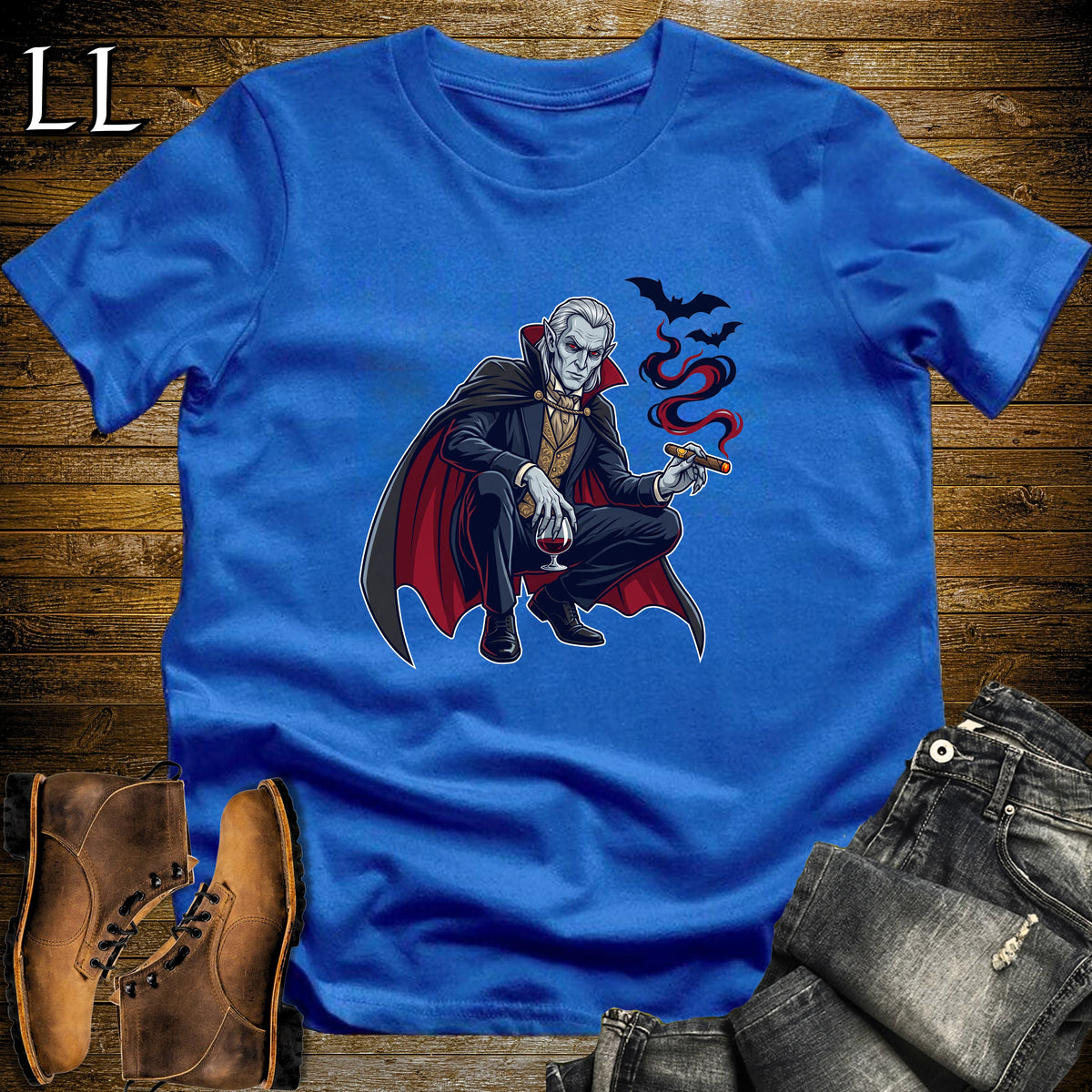 Vampire Lord Brandy & Cigar T-Shirt Royal | Brandy and Cigar Halloween Tee