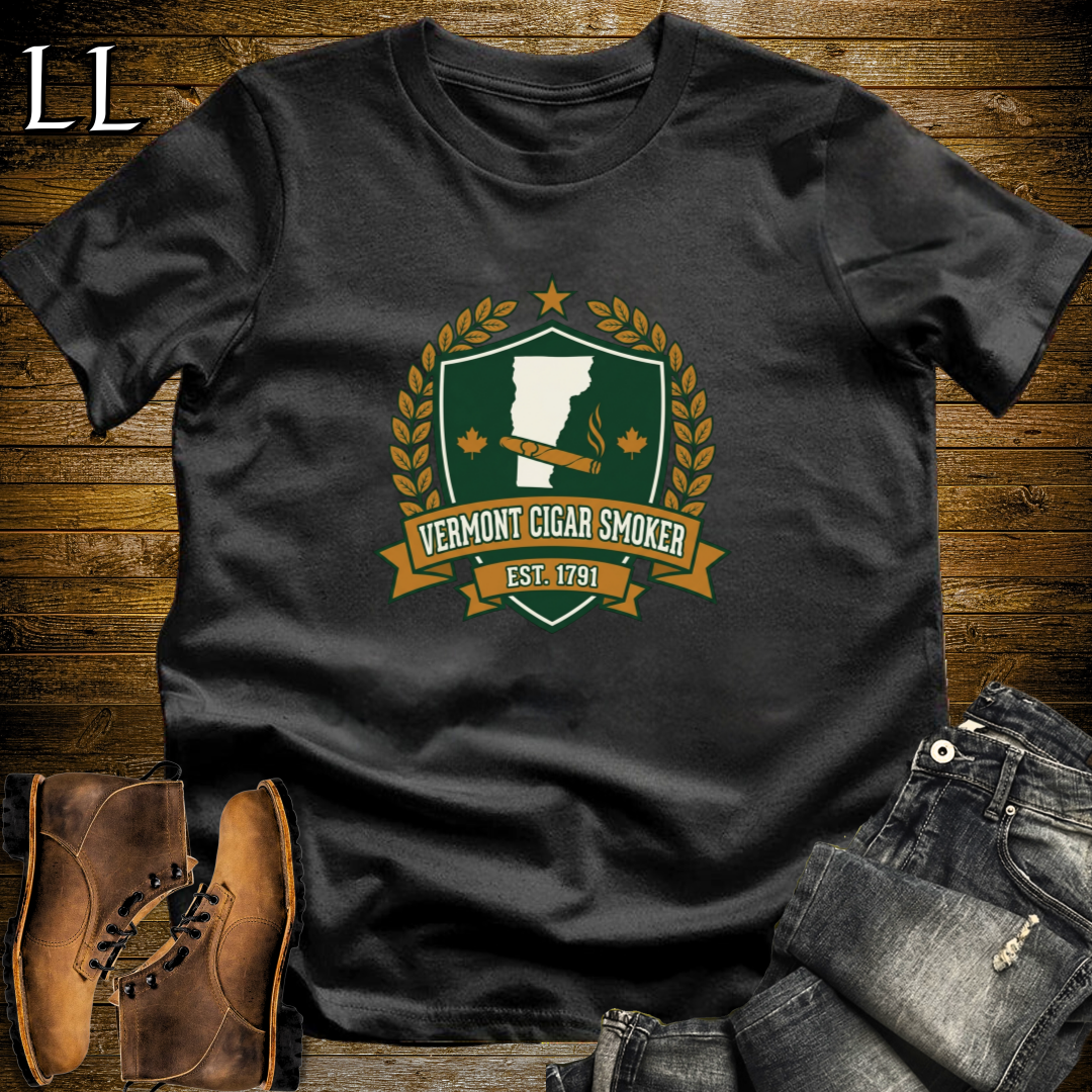 Vermont Cigar Smoker Shield T-Shirt Black | Vermont Cigar Crest Gift Tee