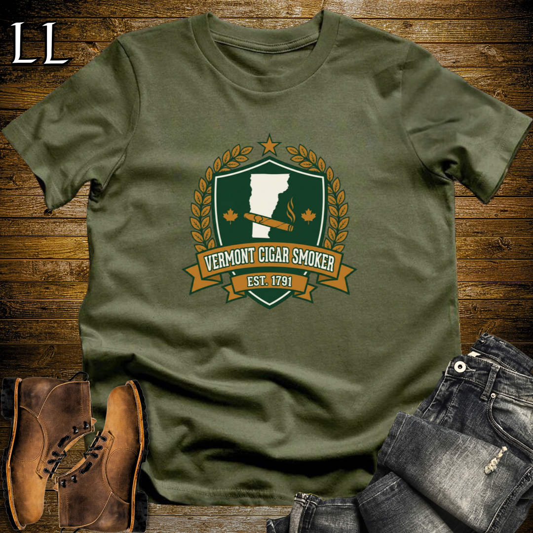Vermont Cigar Smoker Shield T-Shirt Military Green | Vermont Cigar Crest Gift Tee