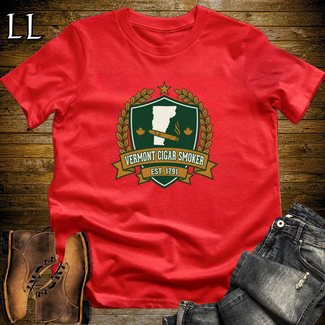 Vermont Cigar Smoker Shield T-Shirt Red | Vermont Cigar Crest Gift Tee