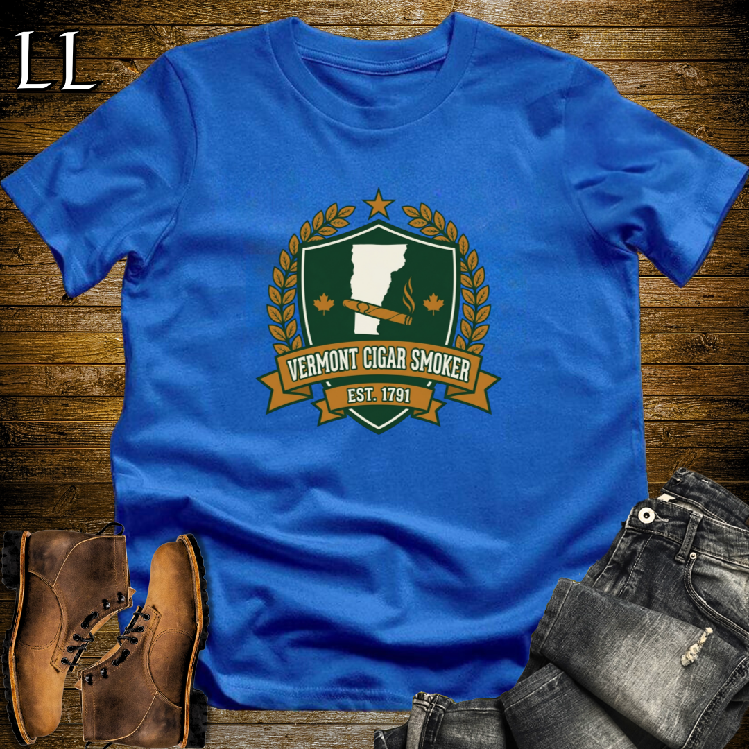 Vermont Cigar Smoker Shield T-Shirt Royal Blue | Vermont Cigar Crest Gift Tee