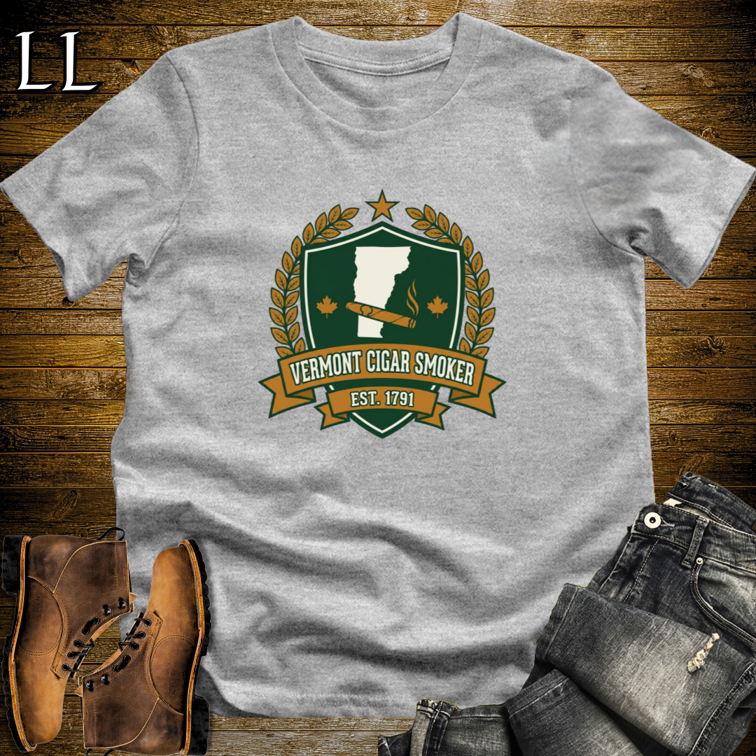 Vermont Cigar Smoker Shield T-Shirt Sport Grey | Vermont Cigar Crest Gift Tee