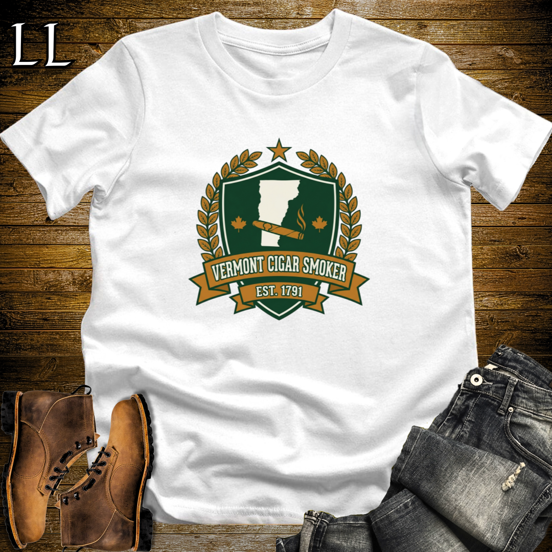 Vermont Cigar Smoker Shield T-Shirt White | Vermont Cigar Crest Gift Tee