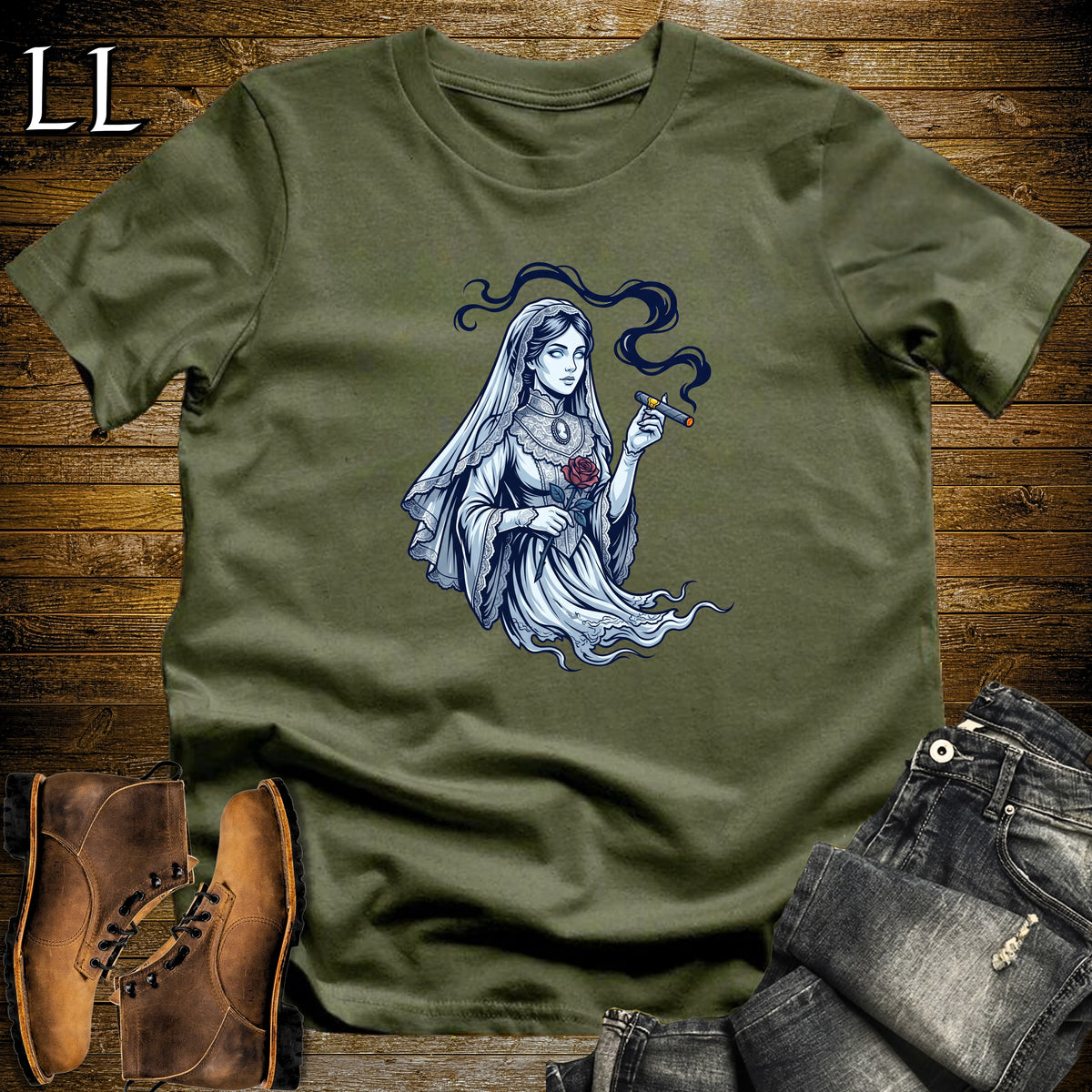 Victorian Ghost Lady Cigar T-Shirt Military Green | Ghost Lady Cigar Halloween Tee