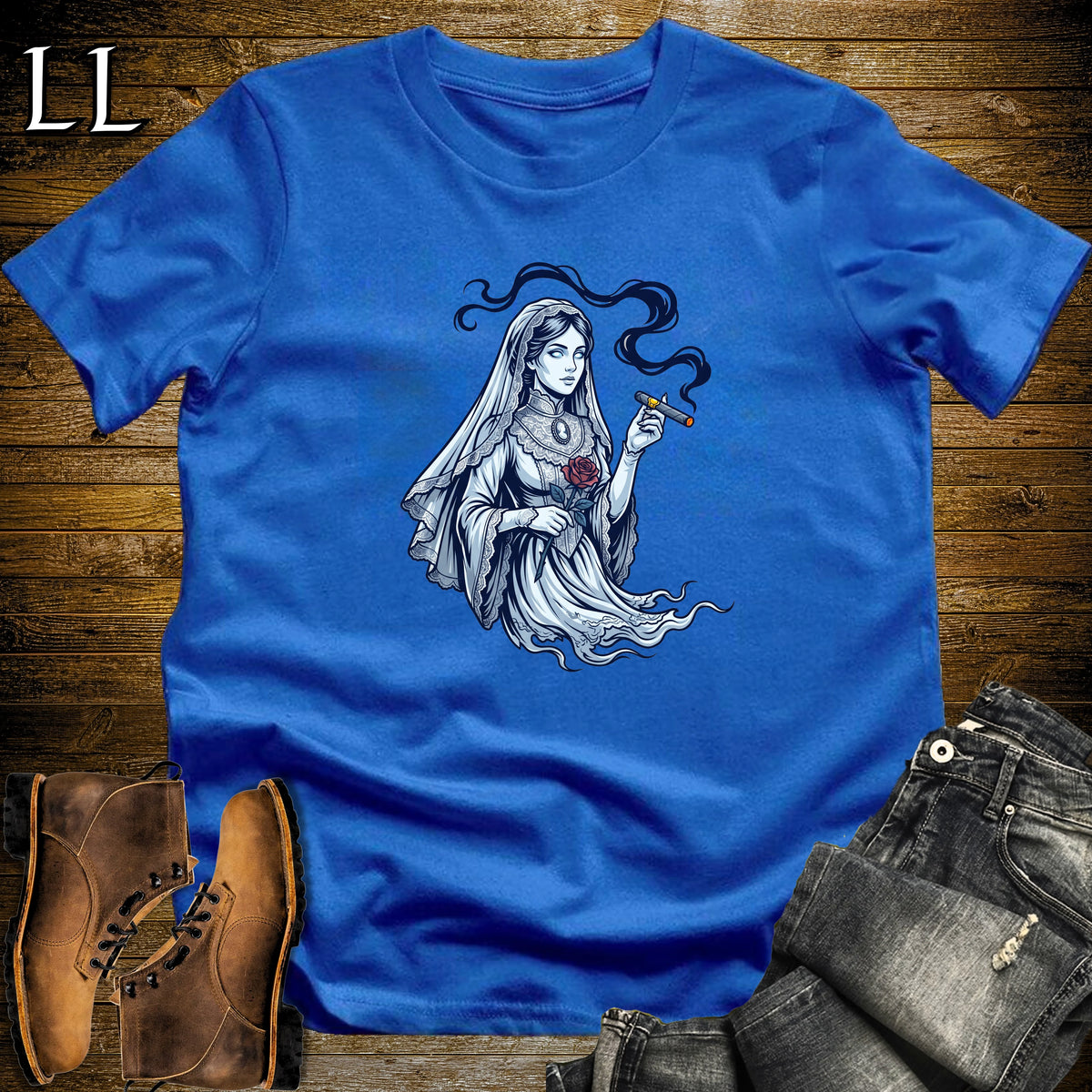 Victorian Ghost Lady Cigar T-Shirt Royal | Ghost Lady Cigar Halloween Tee